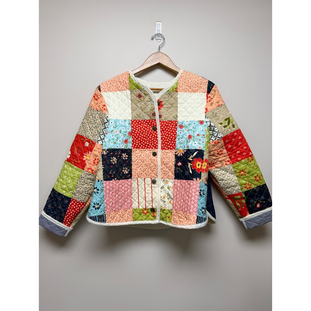 Handmade Quilted Cotton Jacket Womens Sz L Buttons Colorful